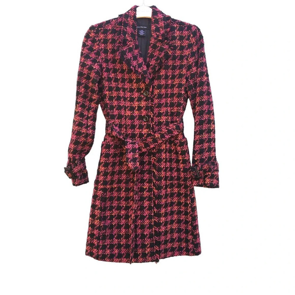 Calvin Klein Women's Size Small Pink Plaid Button Wool Blend Long Tweed Jacket - Picture 1 of 7